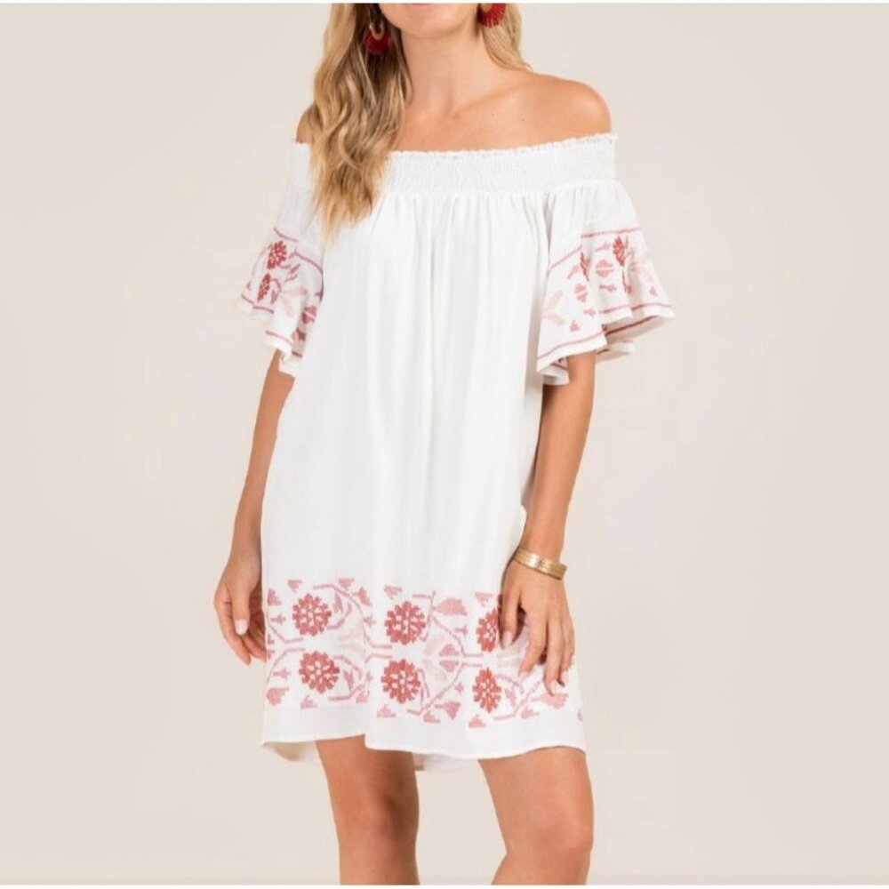 Off-Shoulder White Boho Dress With Embroidered Red Floral Accents & Ruffle Sleev